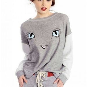 WILDFOX ☆ Grey Cat Face Longsleeve with Fleece Sleeves